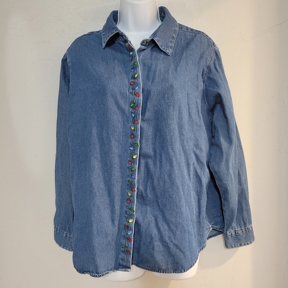 Nut Cracker Vintage Women's Large Blue Jean Denim Long Sleeve Christmas Shirt - Picture 1 of 7